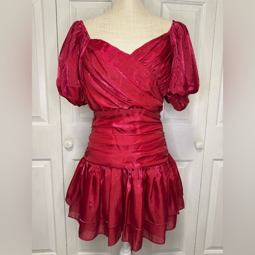 Storia Vibrant Red Mini Dress Ruched Ribbed M